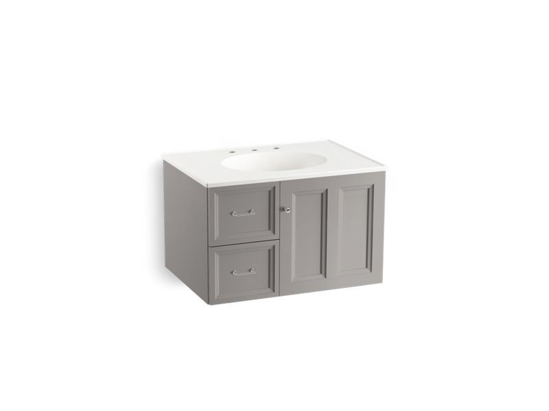 KOHLER K-99517-L-1WT Damask 30" wall-hung bathroom vanity cabinet with 1 door and 2 drawers on left