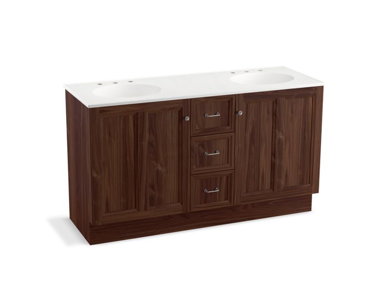 KOHLER K-99524-TKSD-1WE Damask 60" bathroom vanity cabinet with toe kick, 2 doors and 3 drawers, split top drawer