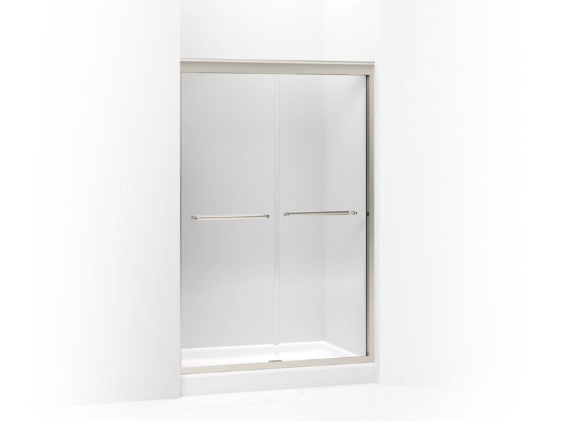 KOHLER 702217-L-NX Fluence Sliding Shower Door, 75" H X 56-5/8 - 59-5/8" W, With 3/8" Thick Crystal Clear Glass in Brushed Nickel