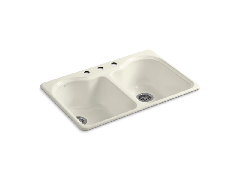 KOHLER K-5818-3 Hartland 33" x 22" x 9-5/8" top-mount double-equal kitchen sink with 3 faucet holes