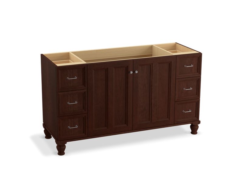KOHLER K-99523-LGSD-1WG Damask 60" bathroom vanity cabinet with furniture legs, 2 doors and 6 drawers, split top drawers