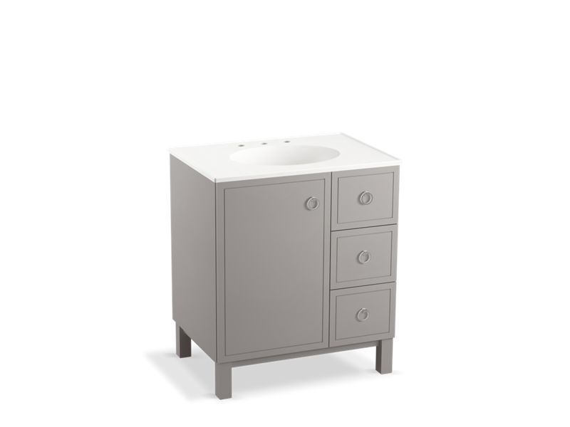 KOHLER K-99504-LGR-1WT Jacquard 30" bathroom vanity cabinet with furniture legs, 1 door and 3 drawers on right