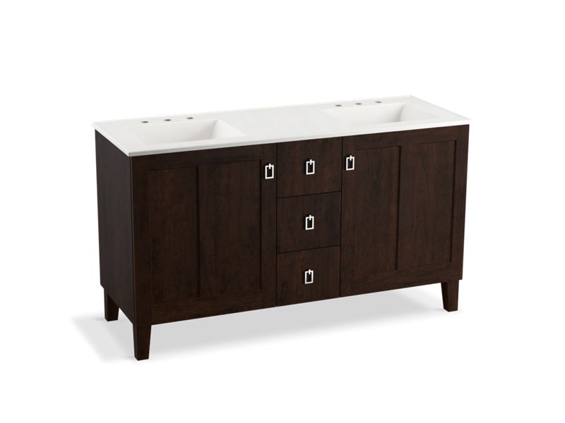 KOHLER K-99537-LGSD-1WB Poplin 60" bathroom vanity cabinet with legs, 2 doors and 3 drawers, split top drawer