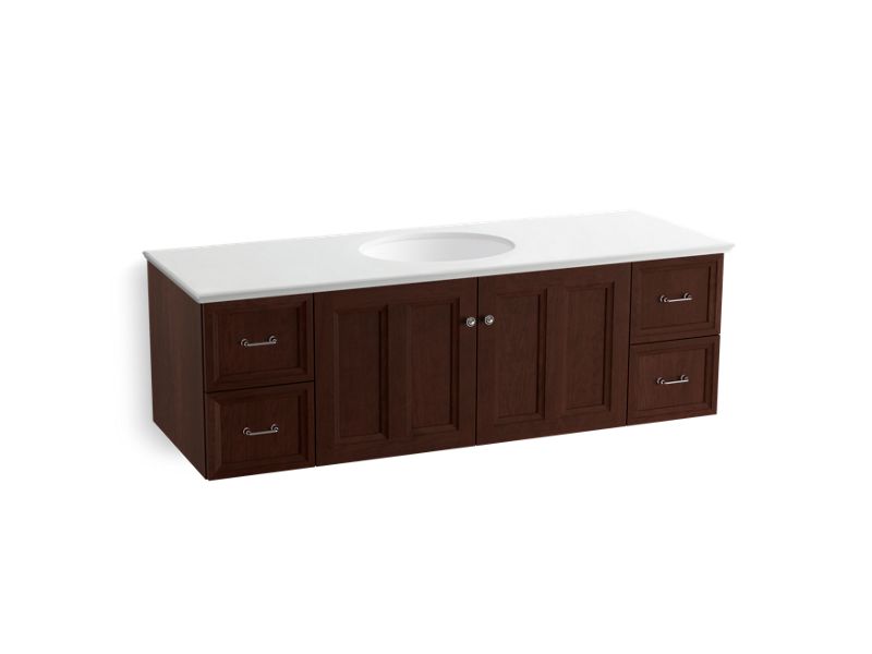 KOHLER K-99523-SD-1WG Damask 60" wall-hung bathroom vanity cabinet with 2 doors and 4 drawers, split top drawer