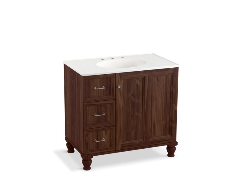 KOHLER K-99520-LGL-1WE Damask 36" bathroom vanity cabinet with furniture legs, 1 door and 3 drawers on left