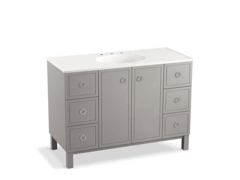 KOHLER K-99509-LG-1WT Jacquard 48" bathroom vanity cabinet with furniture legs, 2 doors and 6 drawers
