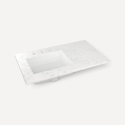 Quartz Stone Vanity Top, 37" x 3/4" x 22", Left Offset Undercounter Sink, Three Hole