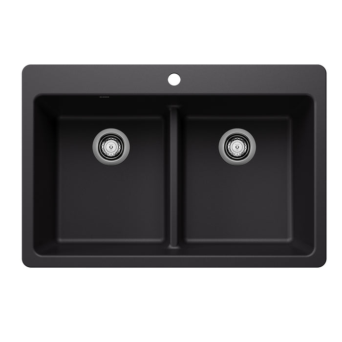 BLANCO Liven SILGRANIT 33" 50/50 Double Bowl Dual Mount Kitchen Sink with Low Divide - Coal Black