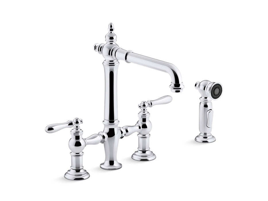KOHLER K-76519-4 Artifacts Two-hole bridge kitchen sink faucet with side sprayer