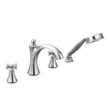 Load image into Gallery viewer, Moen T658 Wynford Two Handle Diverter Roman Tub Faucet Includes Hand Shower in Chrome
