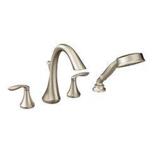 Load image into Gallery viewer, Moen T944 Eva Two Handle High Arc Roman Tub Faucet Includes Hand Shower in Brushed Nickel
