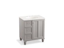 Load image into Gallery viewer, KOHLER K-99517-LGL-1WT Damask 30&quot; bathroom vanity cabinet with furniture legs, 1 door and 3 drawers on left
