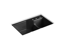 Load image into Gallery viewer, KOHLER K-6411-3 Indio 33&quot; x 21-1/8&quot; x 9-3/4&quot; Smart Divide undermount double-bowl large/small workstation kitchen sink with three-hole faucet holes
