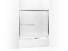 Load image into Gallery viewer, KOHLER 702204-G54-SHP Fluence Sliding Bath Door, 55-3/4&quot; H X 56-5/8 - 59-5/8&quot; W, With 1/4&quot; Thick Falling Lines Glass in Bright Polished Silver
