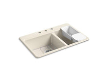 Load image into Gallery viewer, KOHLER K-8669-3A2-47 Riverby 33&quot; x 22&quot; x 9-5/8&quot; top-mount large/medium double-bowl kitchen sink with accessories and 3 faucet holes
