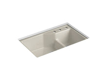 Load image into Gallery viewer, KOHLER K-6411-3 Indio 33&quot; x 21-1/8&quot; x 9-3/4&quot; Smart Divide undermount double-bowl large/small workstation kitchen sink with three-hole faucet holes
