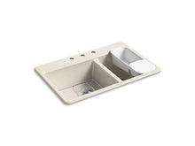 Load image into Gallery viewer, KOHLER K-8669-3A2-FD Riverby 33&quot; x 22&quot; x 9-5/8&quot; top-mount large/medium double-bowl kitchen sink with accessories and 3 faucet holes
