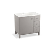 Load image into Gallery viewer, KOHLER K-99507-LGR-1WT Jacquard 36&quot; bathroom vanity cabinet with furniture legs, 1 door and 3 drawers on right

