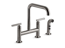 Load image into Gallery viewer, KOHLER K-7548-4 Purist Two-hole bridge kitchen sink faucet with sidesprayer
